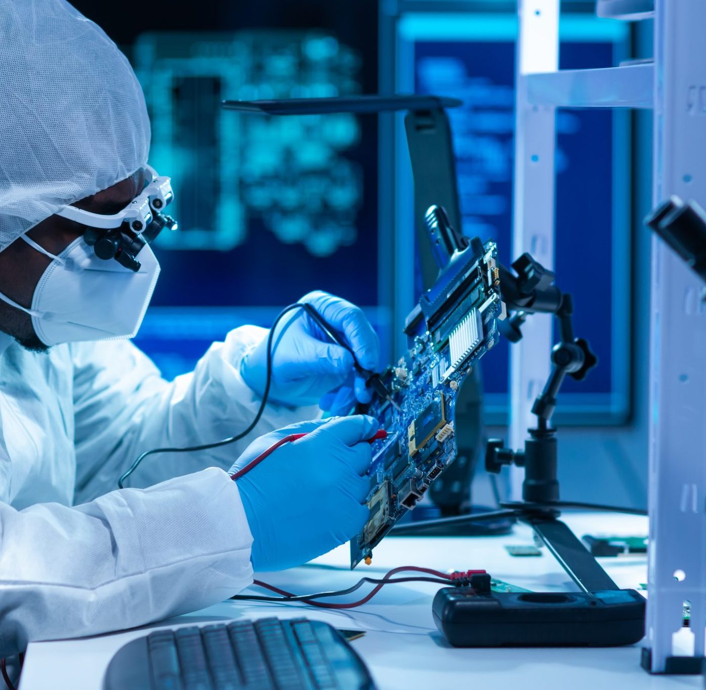 African-American scientist works in a modern scientific laboratory for the research and development of microelectronics and processors. Manufacturing worker uses computer technology and equipment